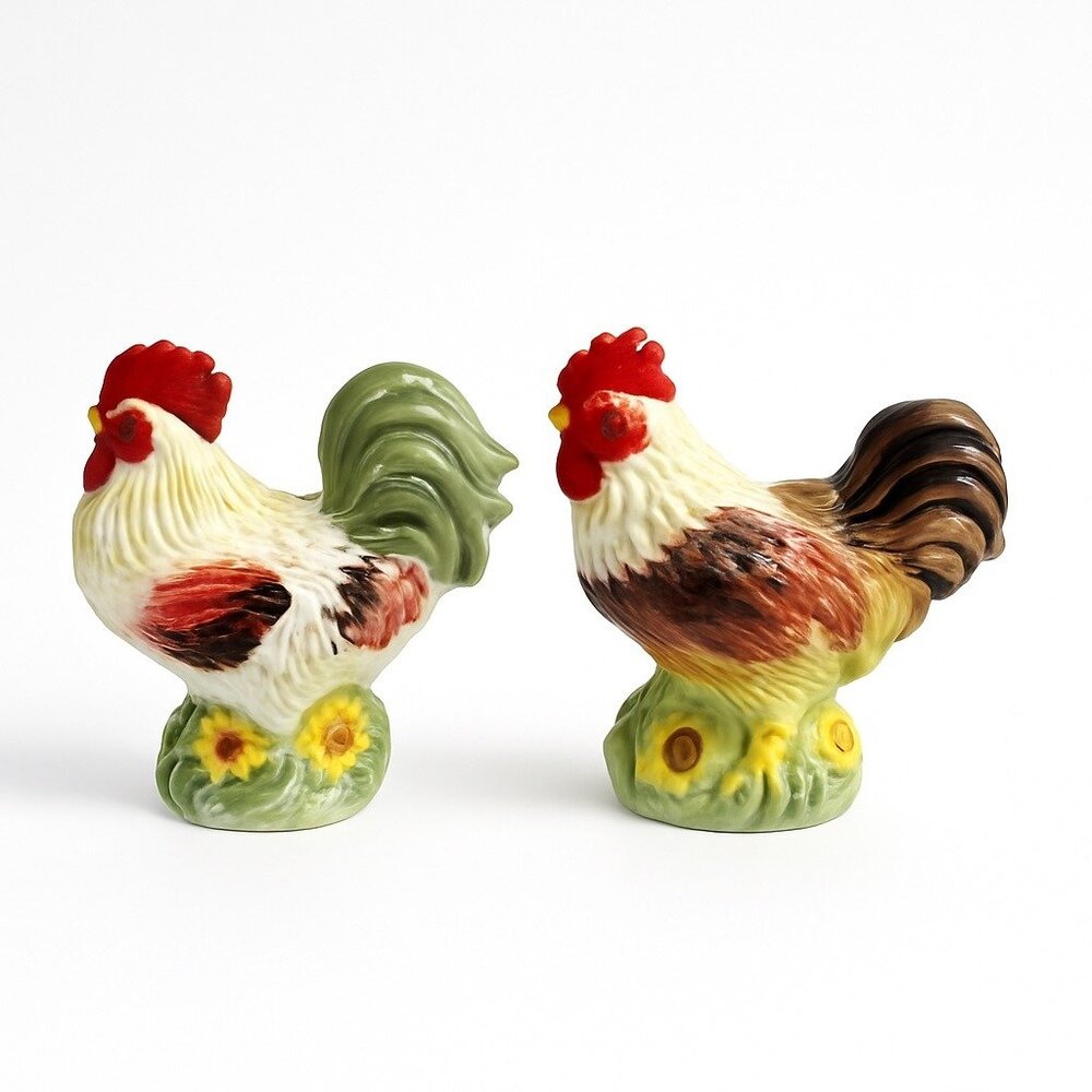 Rooster Salt & Pepper Shakers Ceramic Pottery Glossy 4" Hand Painted Pair K